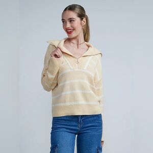 🛍️NEW New York & Co XXL Neutral/Creme Long Sleeve Striped Quarter Zip Sw…